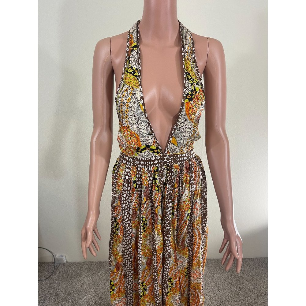 NWT Fourtys Brown Print Halter Maxi Dress Size S